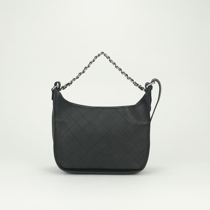 Chanel Quilted Tote Shoulder Bag Calfskin Black Silver CC Logo