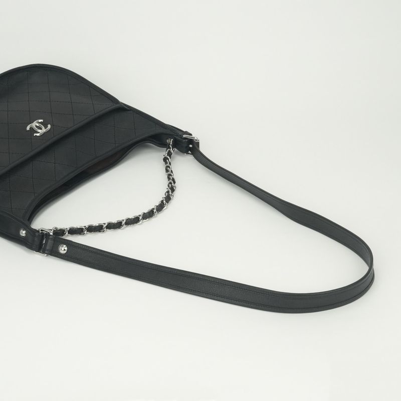 Chanel Quilted Tote Shoulder Bag Calfskin Black Silver CC Logo