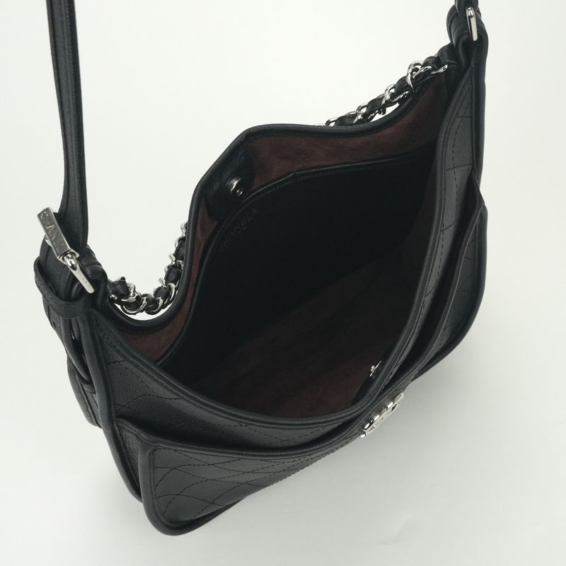 Chanel Quilted Tote Shoulder Bag Calfskin Black Silver CC Logo