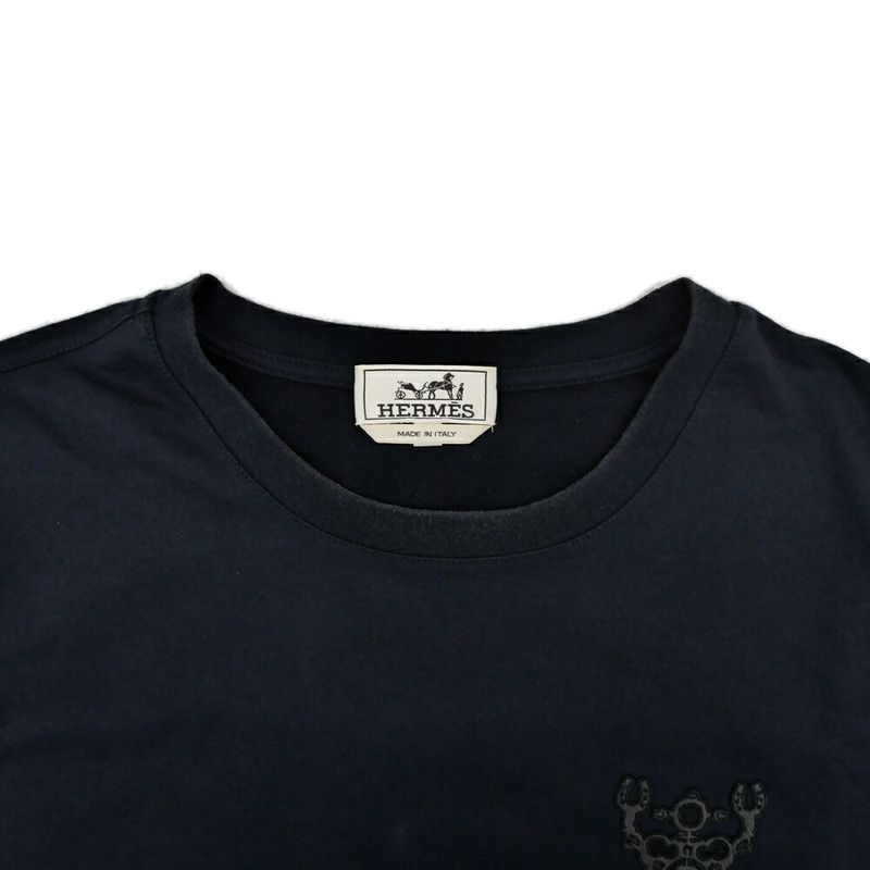 Hermes T-Shirt Robot Patch M Black Leather Top Short Sleeve