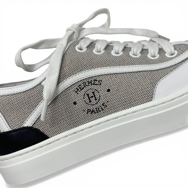 Hermes Get Sneakers Shoes Canvas Leather Gray White Black Low Cut Logo