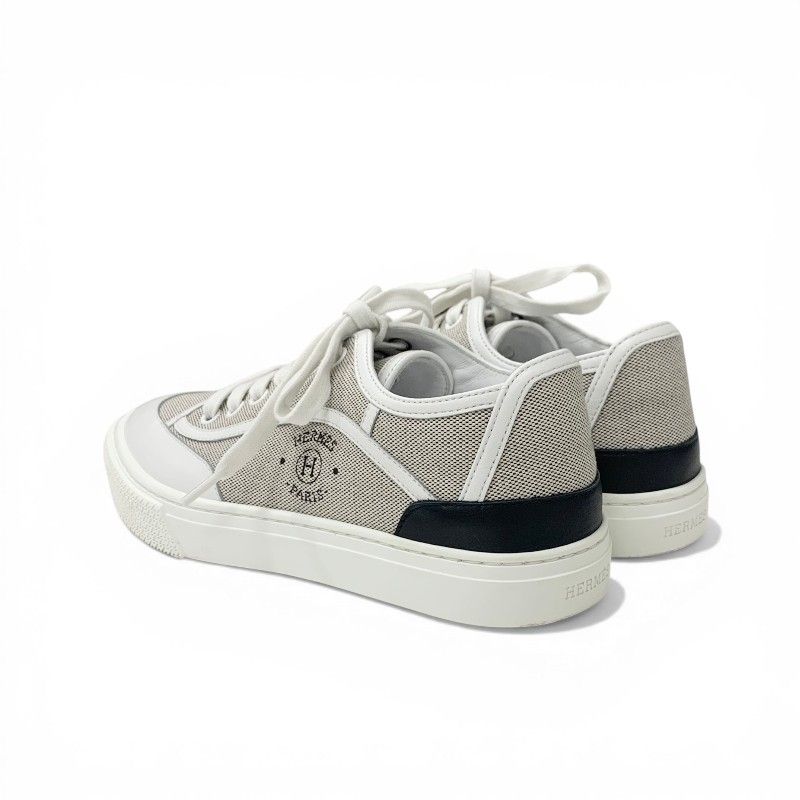 Hermes Get Sneakers Shoes Canvas Leather Gray White Black Low Cut Logo