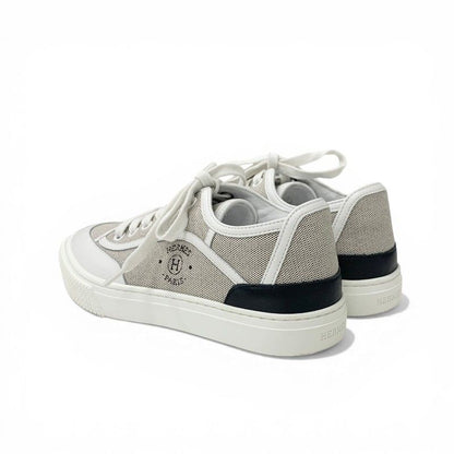 Hermes Get Sneakers Shoes Canvas Leather Gray White Black Low Cut Logo