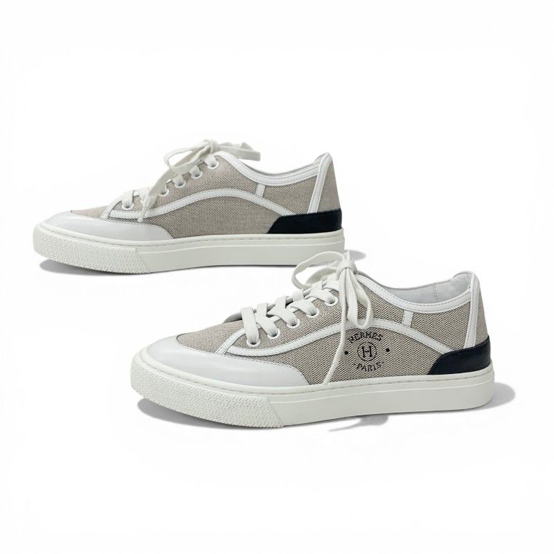 Hermes Get Sneakers Shoes Canvas Leather Gray White Black Low Cut Logo