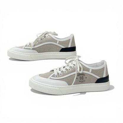 Hermes Get Sneakers Shoes Canvas Leather Gray White Black Low Cut Logo