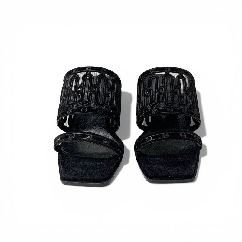 Hermes Gioia Sandals Shoes Suede Mesh Black Mule