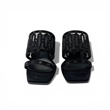 Hermes Gioia Sandals Shoes Suede Mesh Black Mule