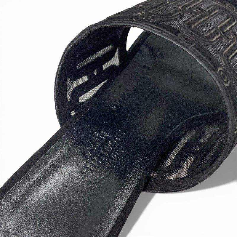 Hermes Gioia Sandals Shoes Suede Mesh Black Mule