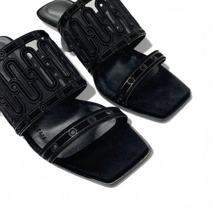 Hermes Gioia Sandals Shoes Suede Mesh Black Mule