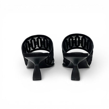 Hermes Gioia Sandals Shoes Suede Mesh Black Mule