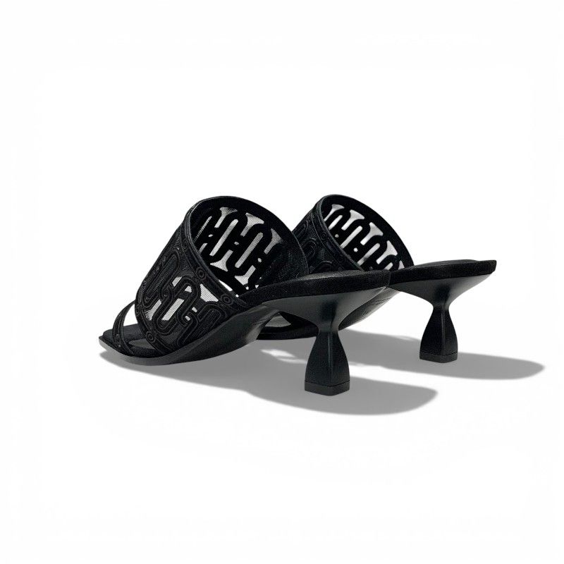 Hermes Gioia Sandals Shoes Suede Mesh Black Mule