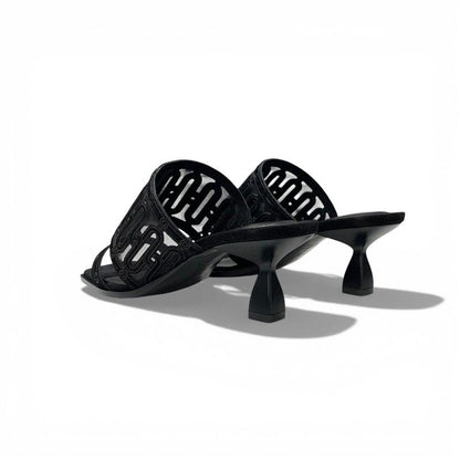 Hermes Gioia Sandals Shoes Suede Mesh Black Mule