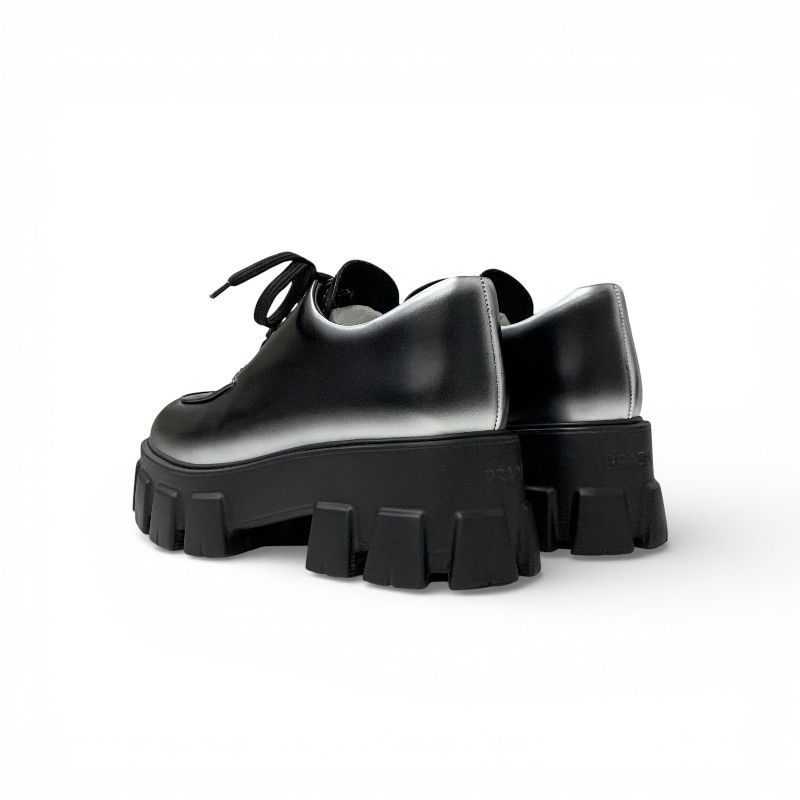 Prada Monolith Loafers Leather Shoes Silver Black Logo Lace Up