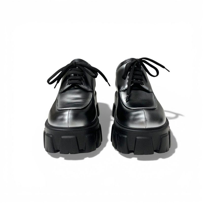 Prada Monolith Loafers Leather Shoes Silver Black Logo Lace Up