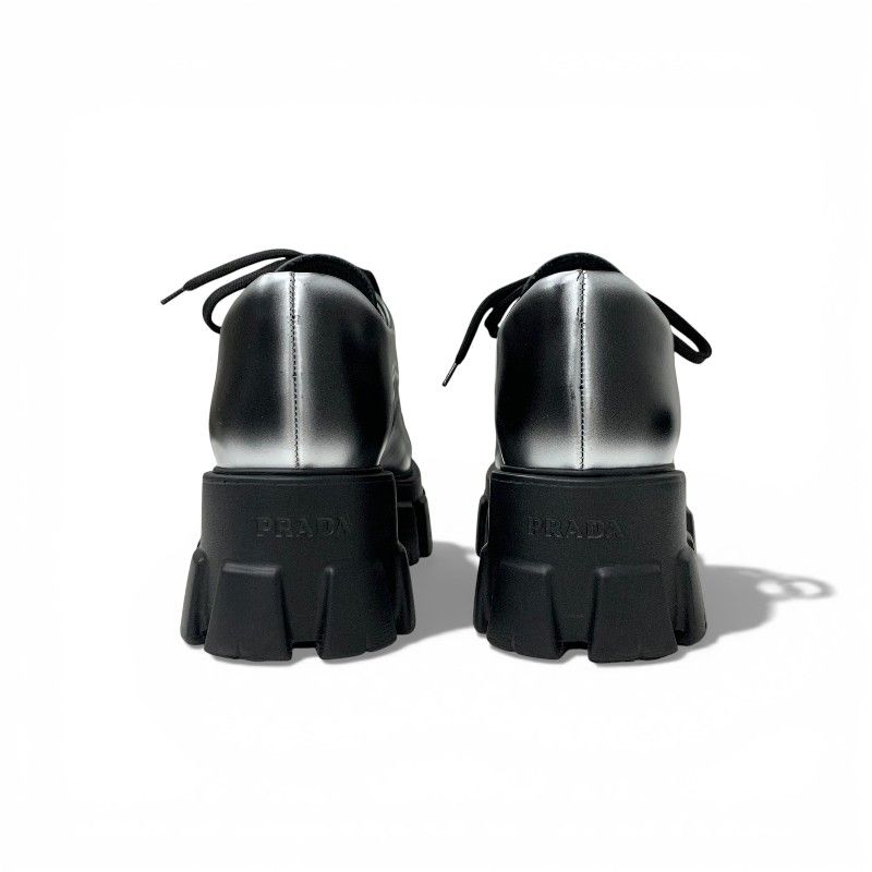 Prada Monolith Loafers Leather Shoes Silver Black Logo Lace Up