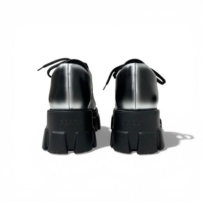 Prada Monolith Loafers Leather Shoes Silver Black Logo Lace Up