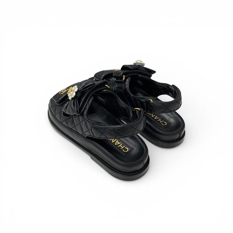 Chanel Sandals Shoes Leather Black Gold CC Logo Quilted Camellia Line Stone