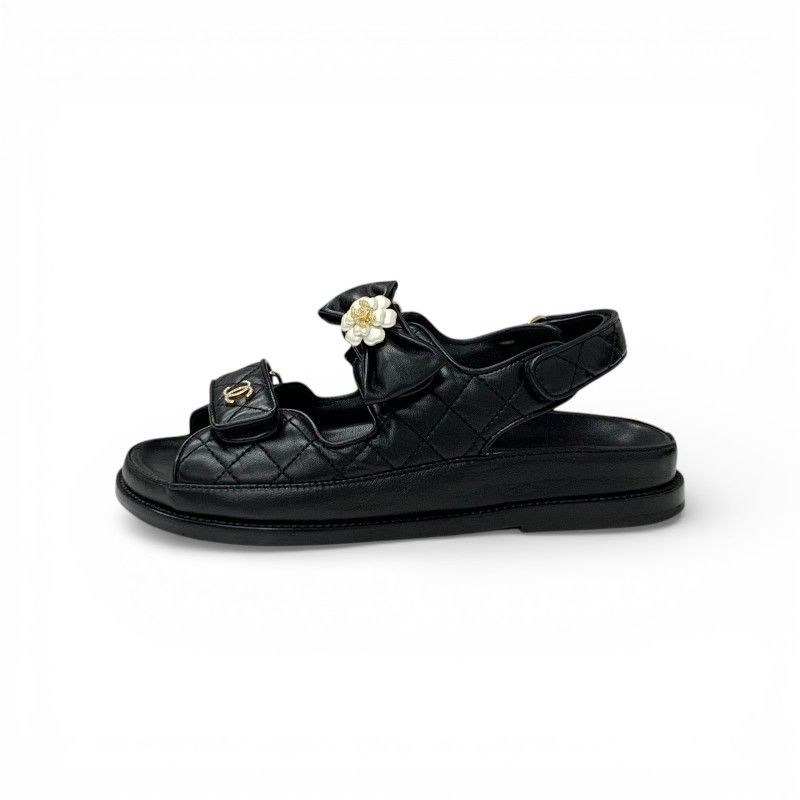Chanel Sandals Shoes Leather Black Gold CC Logo Quilted Camellia Line Stone