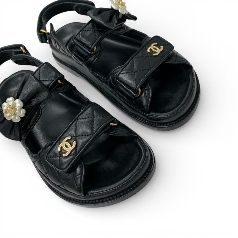 Chanel Sandals Shoes Leather Black Gold CC Logo Quilted Camellia Line Stone