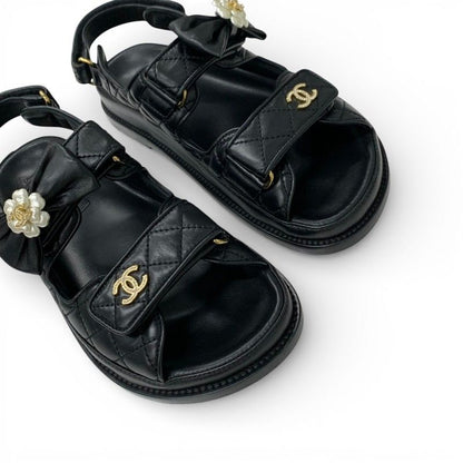 Chanel Sandals Shoes Leather Black Gold CC Logo Quilted Camellia Line Stone