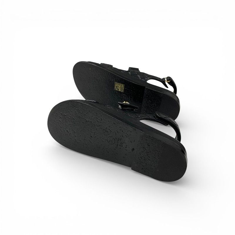 Chanel Sandals Shoes Leather Black Gold CC Logo Quilted Camellia Line Stone