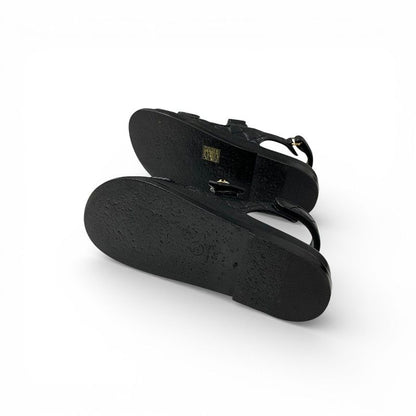 Chanel Sandals Shoes Leather Black Gold CC Logo Quilted Camellia Line Stone