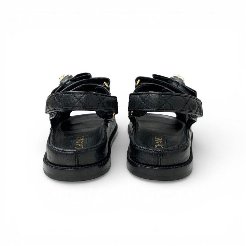 Chanel Sandals Shoes Leather Black Gold CC Logo Quilted Camellia Line Stone