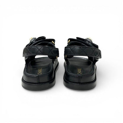 Chanel Sandals Shoes Leather Black Gold CC Logo Quilted Camellia Line Stone