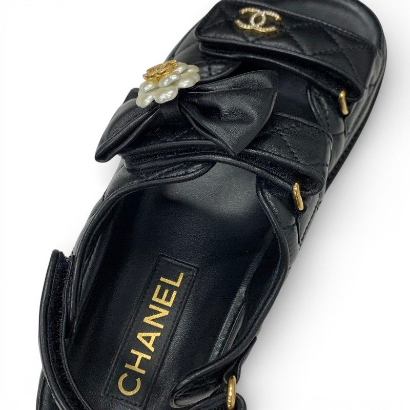 Chanel Sandals Shoes Leather Black Gold CC Logo Quilted Camellia Line Stone