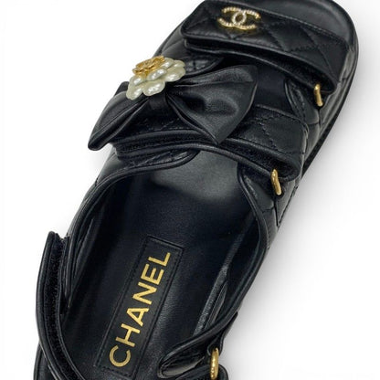 Chanel Sandals Shoes Leather Black Gold CC Logo Quilted Camellia Line Stone