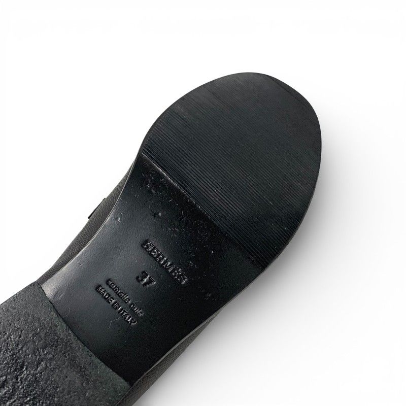 Hermes Destin Loafers Leather Shoes Black Silver Kelly Moccasins