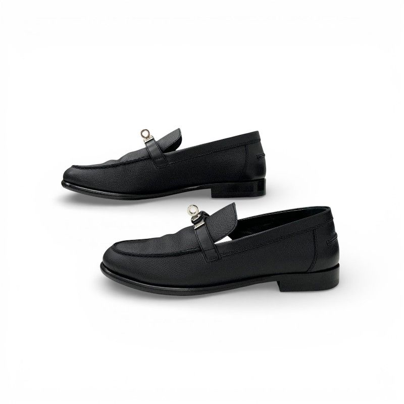 Hermes Destin Loafers Leather Shoes Black Silver Kelly Moccasins