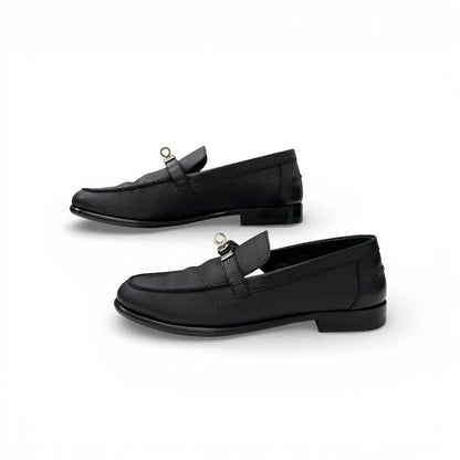Hermes Destin Loafers Leather Shoes Black Silver Kelly Moccasins