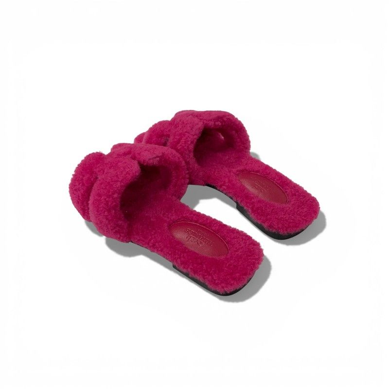 Hermes Oran Sandals Shoes Shearling Pink Flat Mule Boa