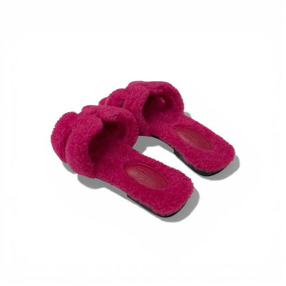 Hermes Oran Sandals Shoes Shearling Pink Flat Mule Boa