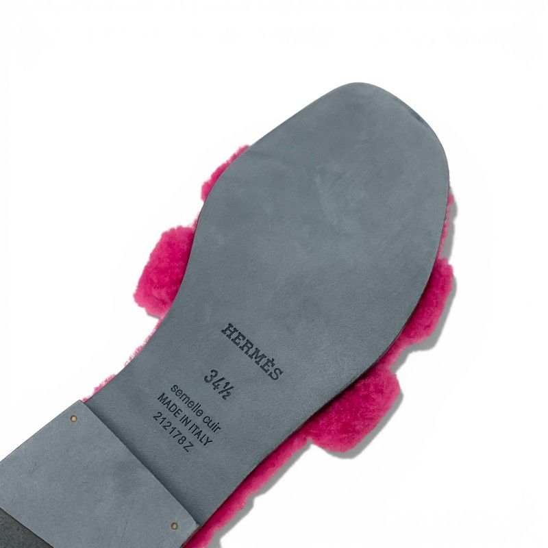 Hermes Oran Sandals Shoes Shearling Pink Flat Mule Boa