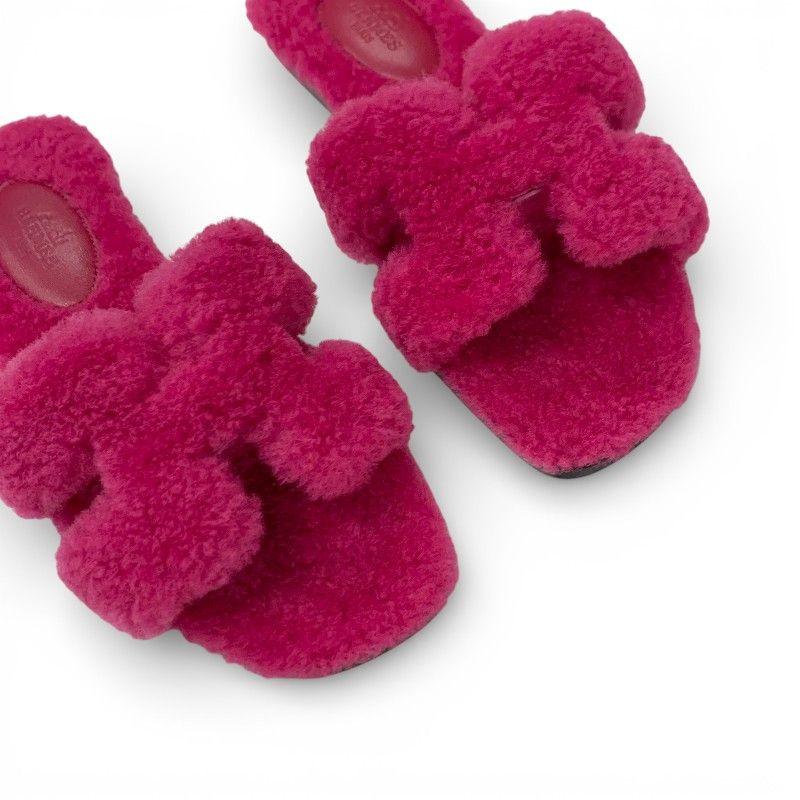 Hermes Oran Sandals Shoes Shearling Pink Flat Mule Boa