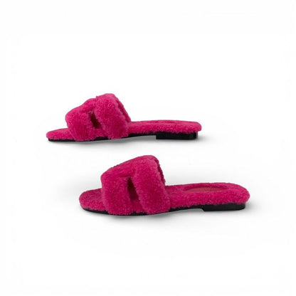 Hermes Oran Sandals Shoes Shearling Pink Flat Mule Boa