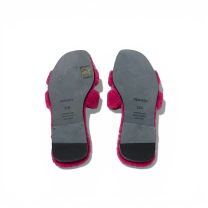 Hermes Oran Sandals Shoes Shearling Pink Flat Mule Boa