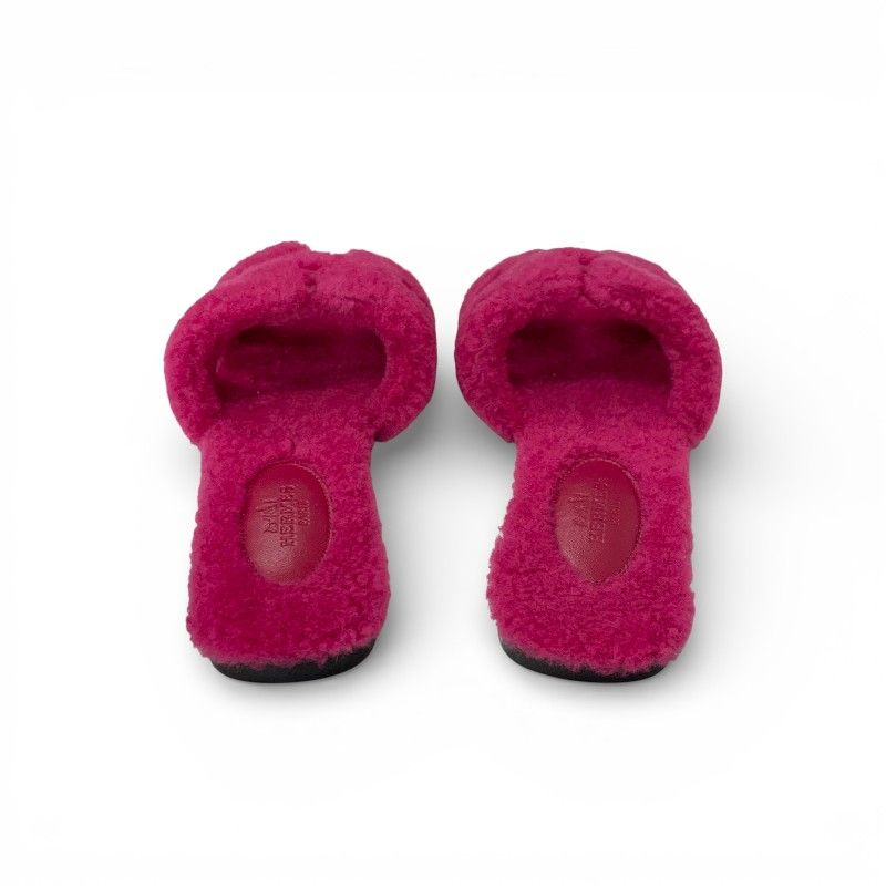 Hermes Oran Sandals Shoes Shearling Pink Flat Mule Boa