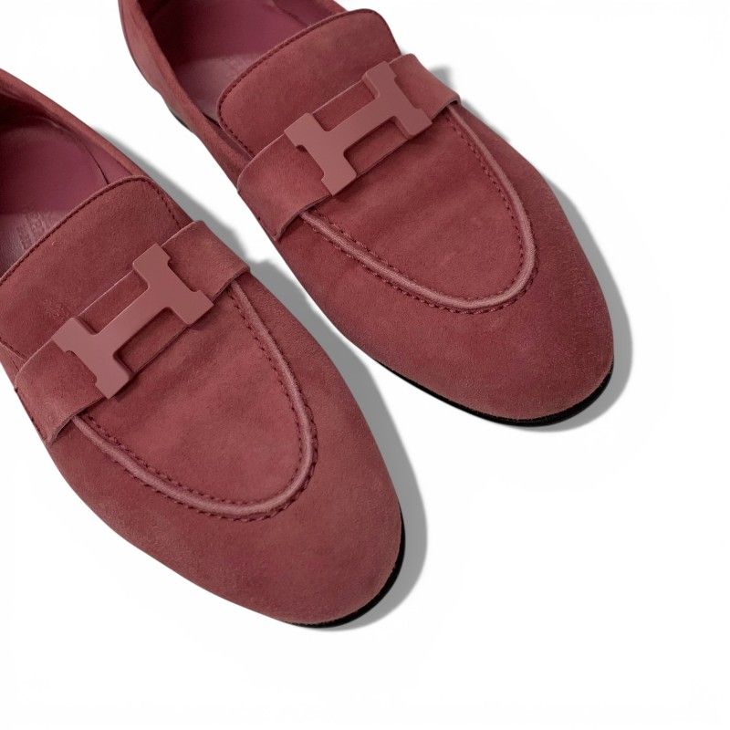 Hermes Loafers Leather Shoes Suede Pink Hhardware Moccasins Flat