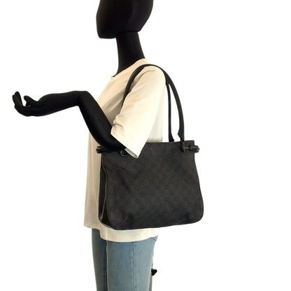 Gucci Black GG Canvas Leather Tote Shoulder Bag