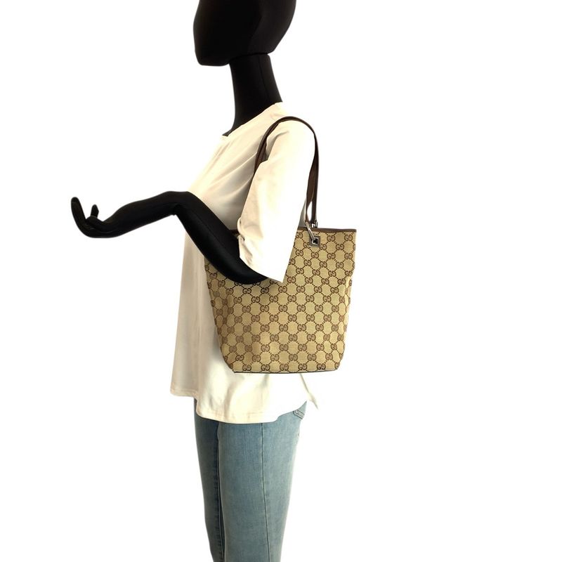 Gucci Beige Brown Silver GG Canvas Leather Tote Shoulder Bag