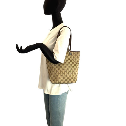 Gucci Beige Brown Silver GG Canvas Leather Tote Shoulder Bag