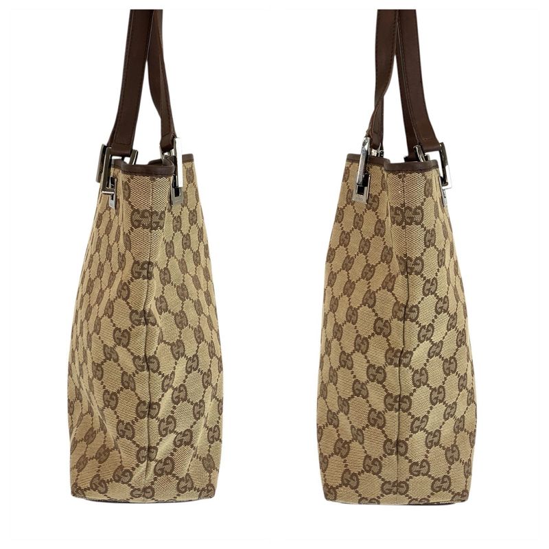 Gucci Beige Brown Silver GG Canvas Leather Tote Shoulder Bag