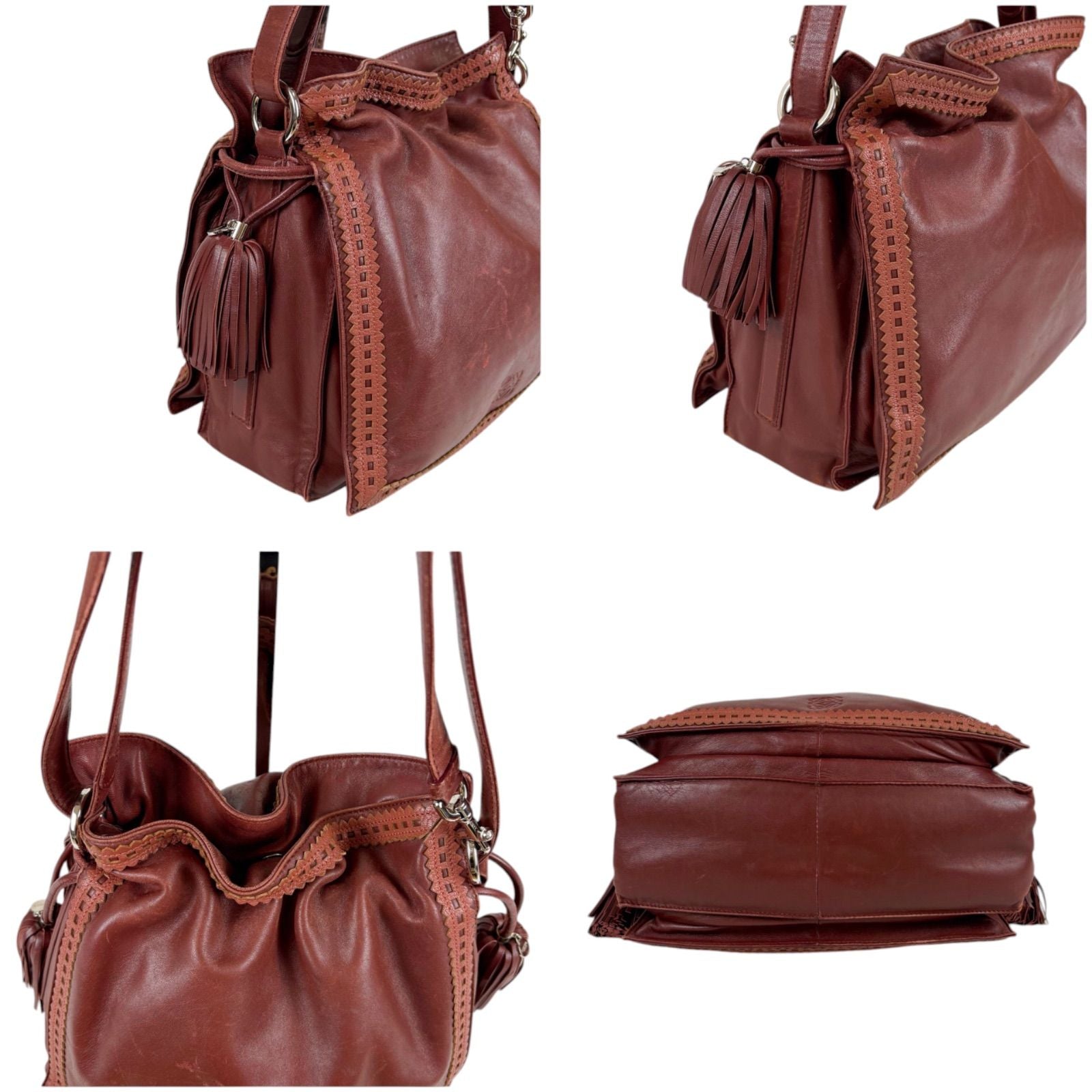 Loewe Flamenco 2-Way Shoulder Bag Tassel Charm Anagram Logo Bordeaux Wine Red — view 5
