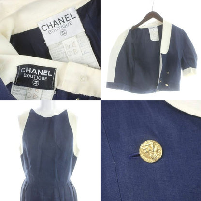 Chanel Vintage Set Jacket Double Sleeveless Dress Knee Length Linen Gold