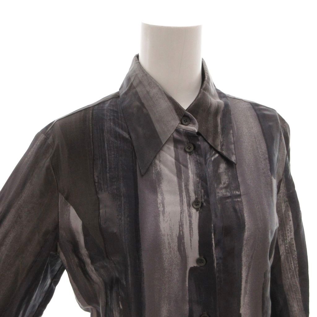 Fendi Shirt Blouse All Over Pattern Glossy Silk Long Sleeve 38 Gray