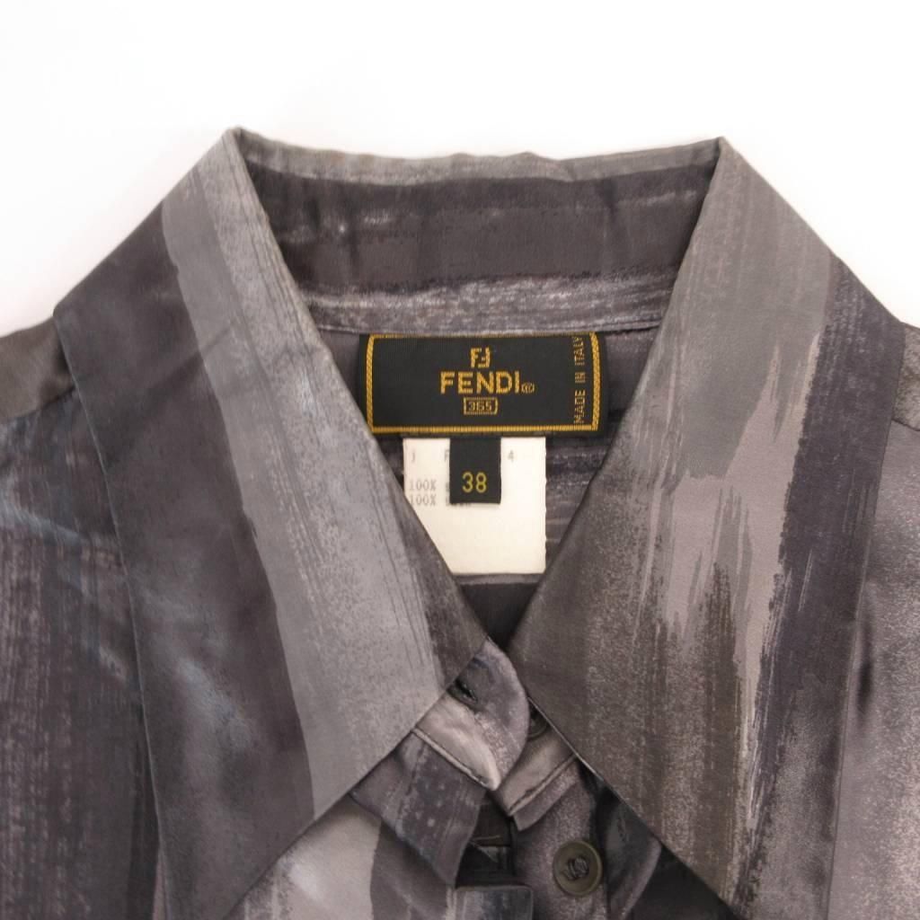 Fendi Shirt Blouse All Over Pattern Glossy Silk Long Sleeve 38 Gray