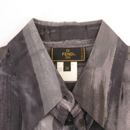 Fendi Shirt Blouse All Over Pattern Glossy Silk Long Sleeve 38 Gray